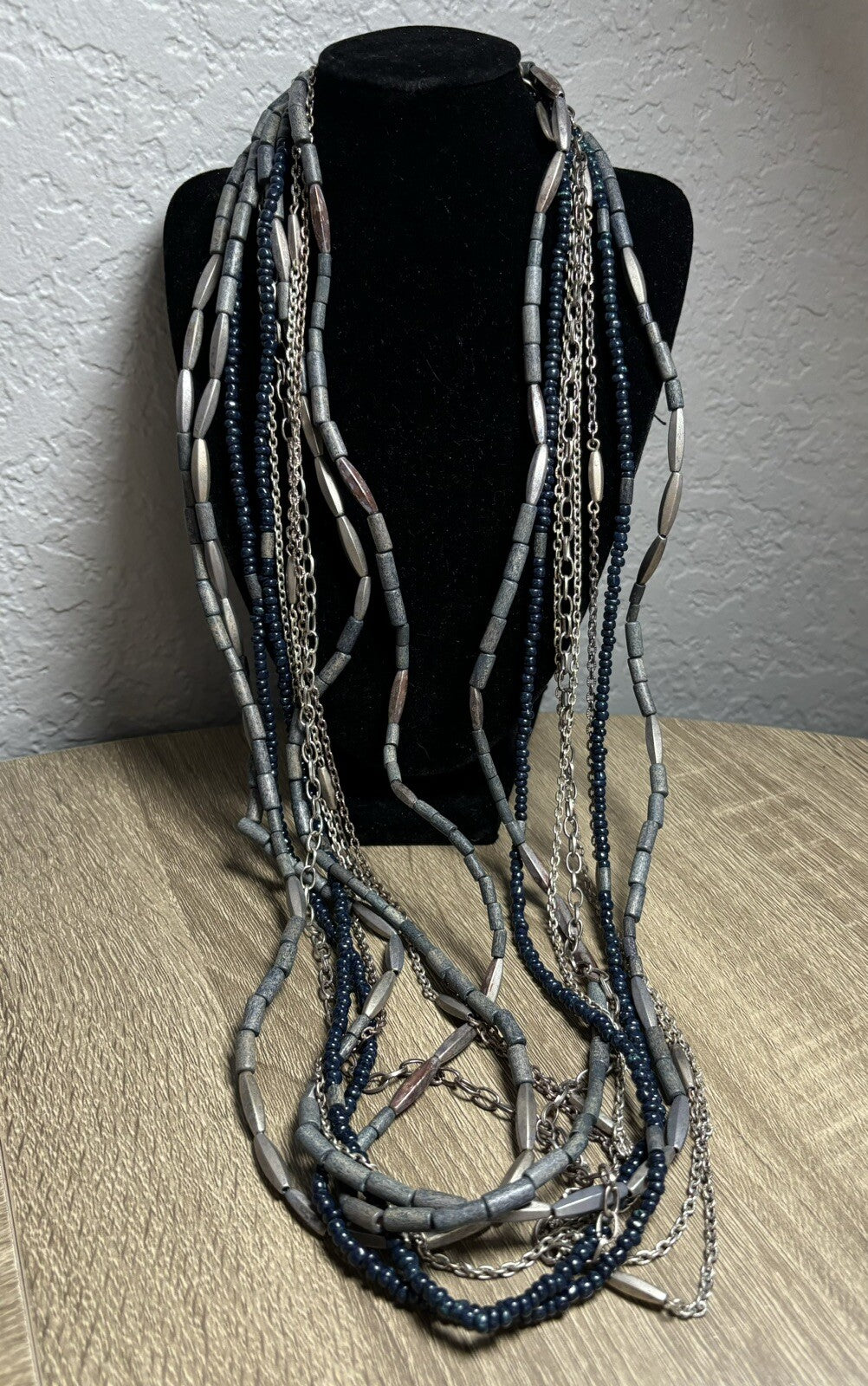 Chicos Necklace Layered Beaded Gray/Grey Navy Tone Multi Strand 40" Jewelry