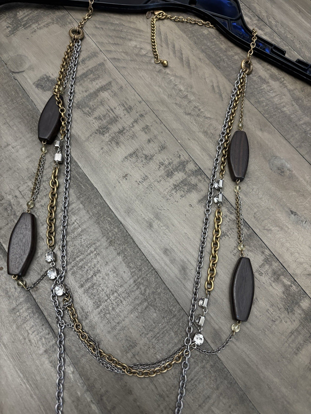 Chico’s VTG 3 Layer Multi Toned Wood Bead And Rhinestone Long Necklace