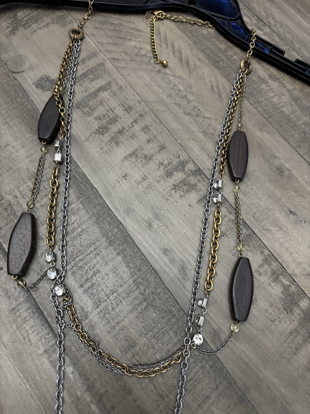 Chico’s VTG 3 Layer Multi Toned Wood Bead And Rhinestone Long Necklace