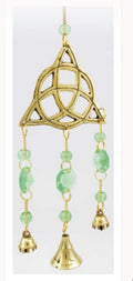 Gold Tone Celtic Knot Pentacle Hanging Ornament Wind Chime w/ Green Beads Bells