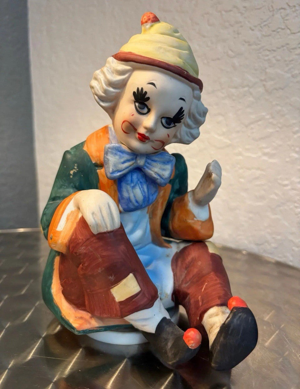Vintage Ceramic Figurine 8” Clown Music Box Hand Painted Rotates