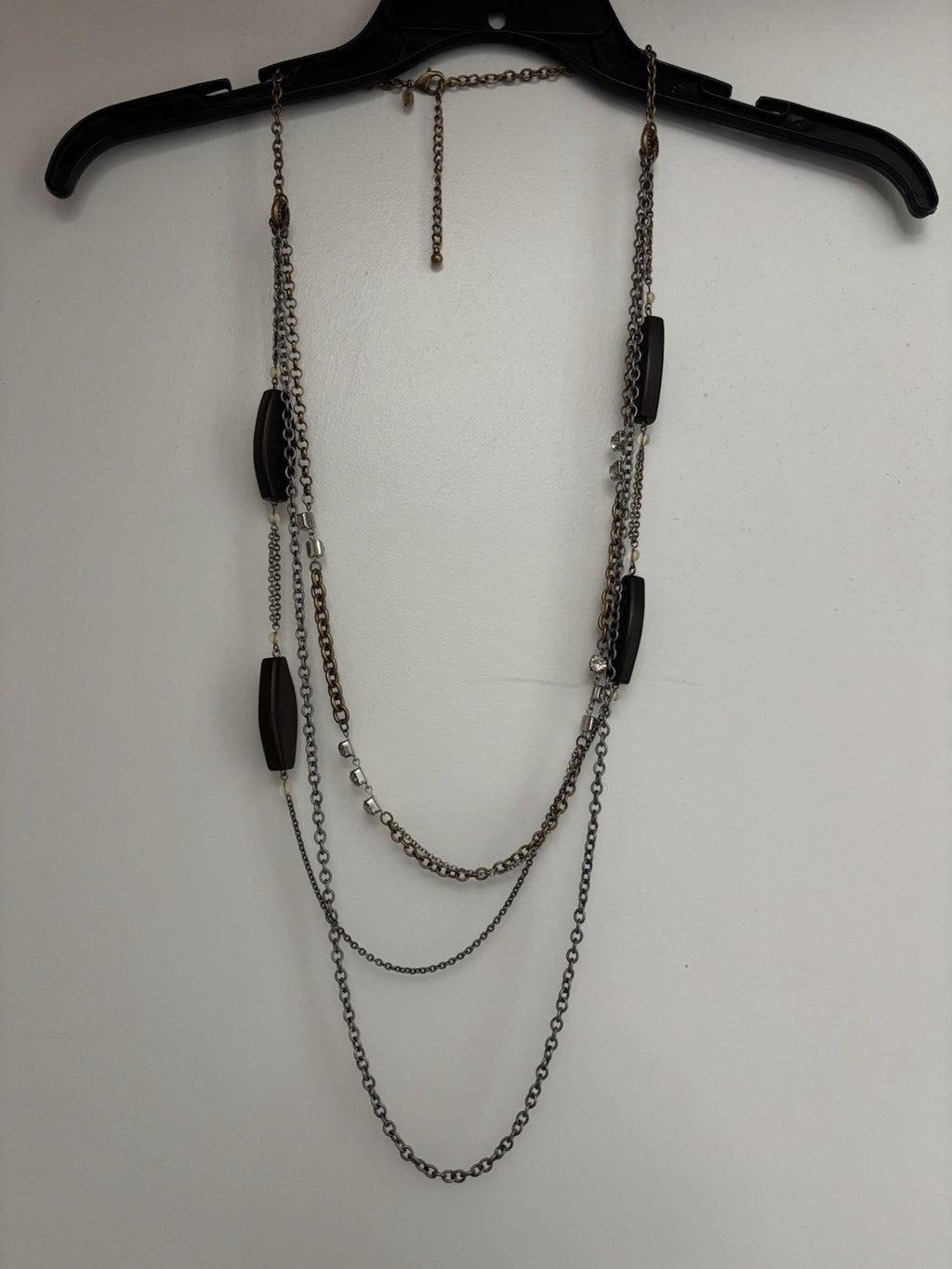 Chico’s VTG 3 Layer Multi Toned Wood Bead And Rhinestone Long Necklace