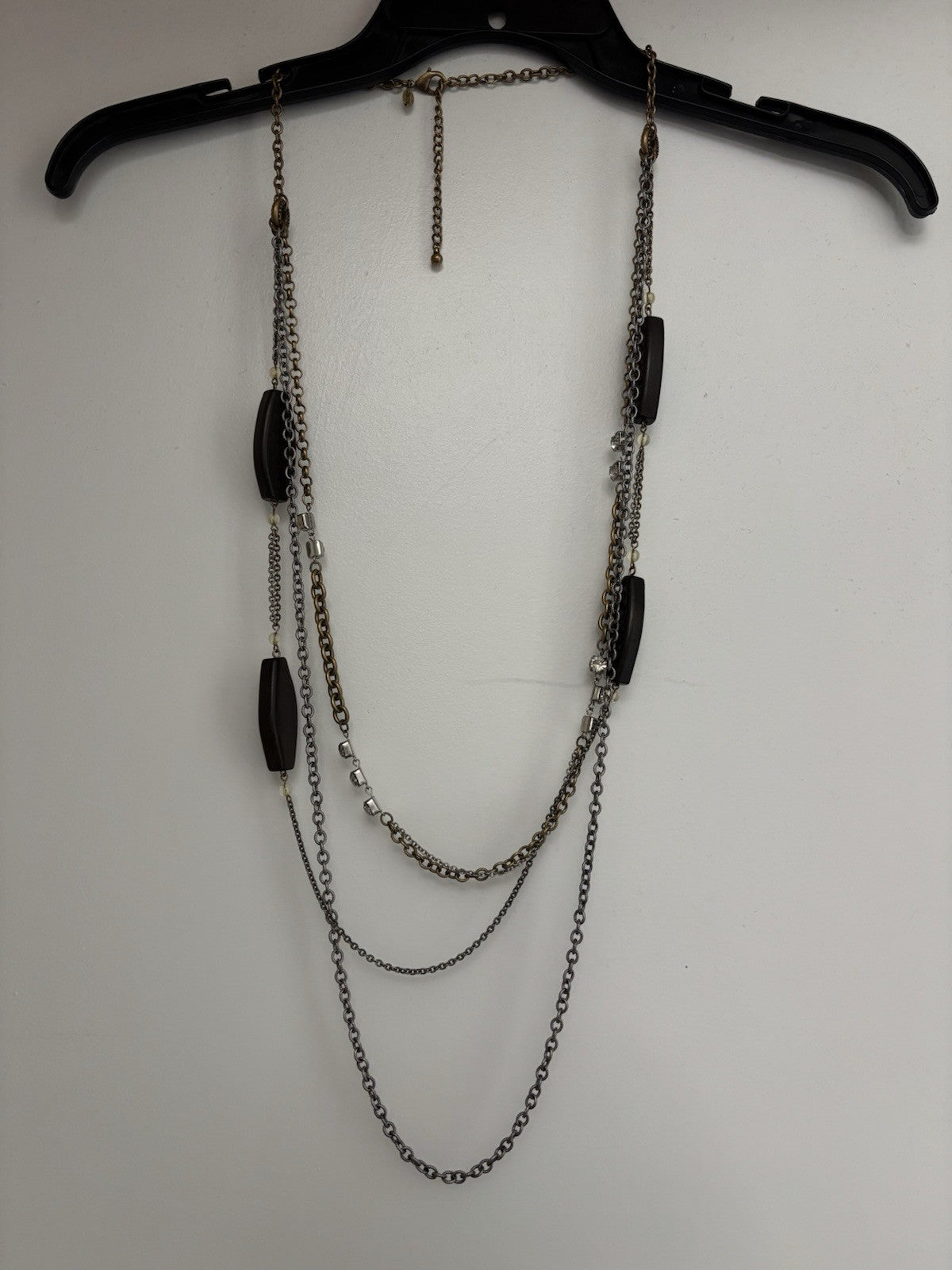 Chico’s VTG 3 Layer Multi Toned Wood Bead And Rhinestone Long Necklace