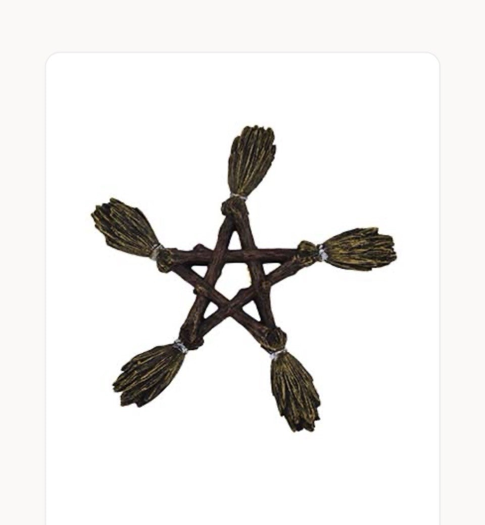 Broom Pentagram 6-3/4" Painted Resin Wicca Pagan Gothic Witchy Wall Altar Decor