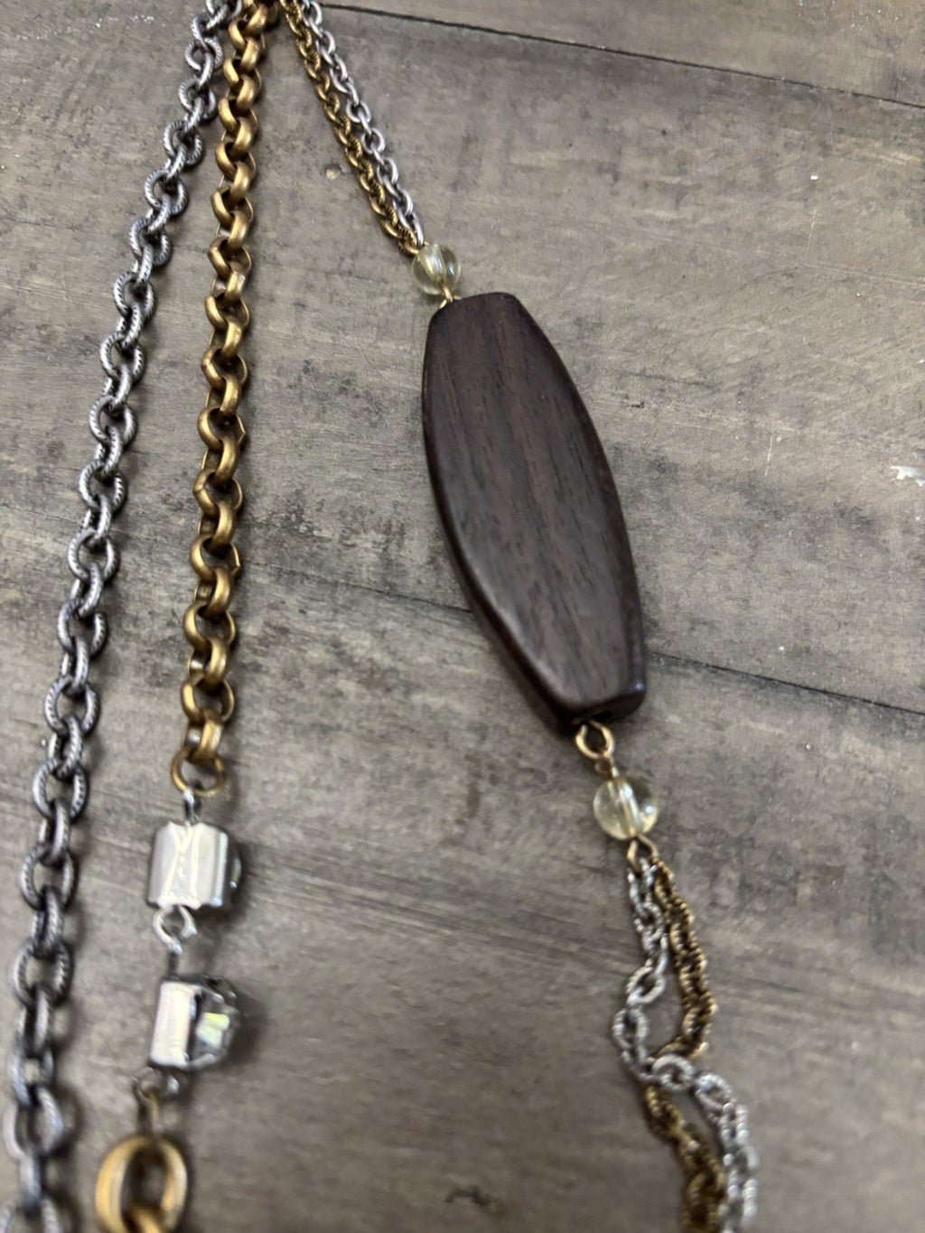 Chico’s VTG 3 Layer Multi Toned Wood Bead And Rhinestone Long Necklace
