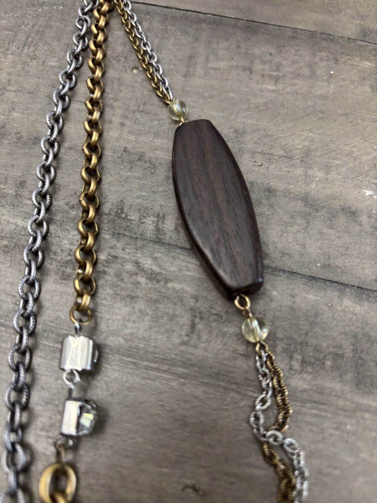 Chico’s VTG 3 Layer Multi Toned Wood Bead And Rhinestone Long Necklace