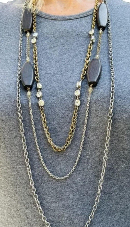 Chico’s VTG 3 Layer Multi Toned Wood Bead And Rhinestone Long Necklace