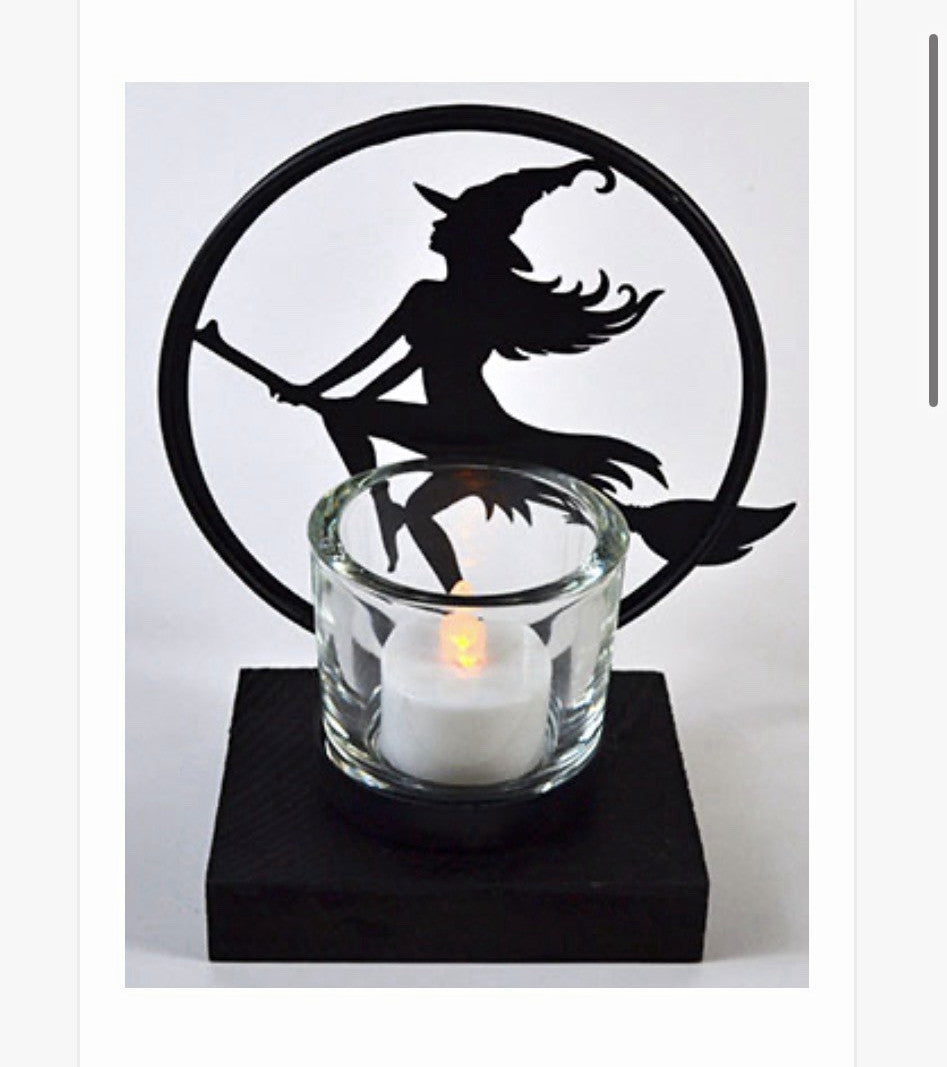 Black Metal Witch Silhouette Tea Light Holder w/ Clear Glass Cup