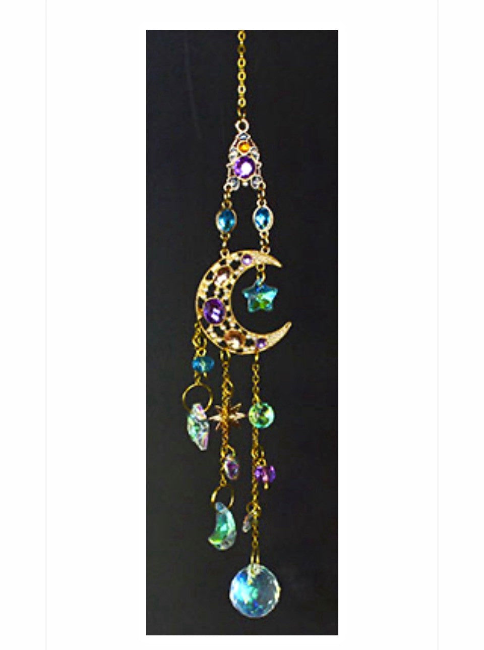 Gold Tone Crescent Moon Hanging Suncatcher Mobile w/ Multicolor Crystals